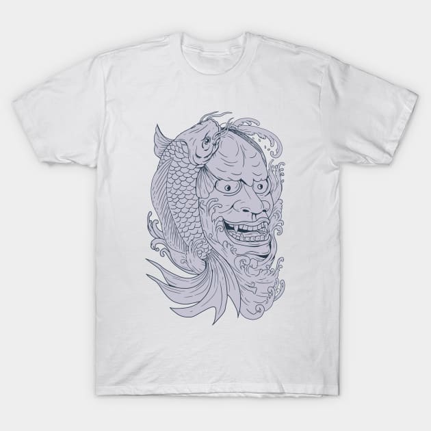 Hannya Mask and Koi Fish Drawing T-Shirt by patrimonio